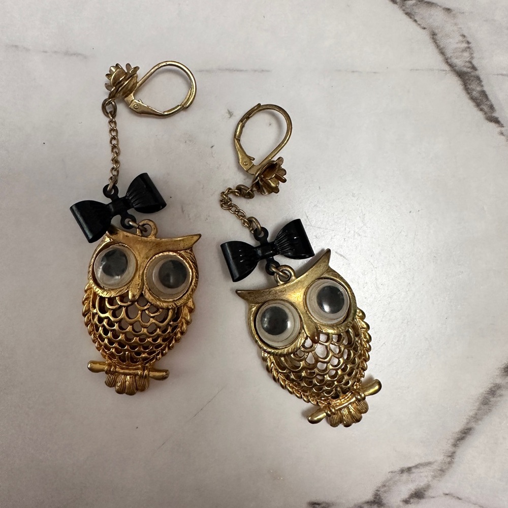 Vintage Betsey Johnson Owl Earrings with Black Bows